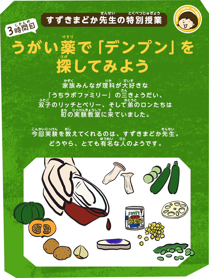すずきまどか先生の特別授業[3時間目]うがい薬で「デンプン」を探してみよう｜家族みんなが理科が大好きな「うちラボファミリー」の三きょうだい、双子のリッチとベリー、そして弟のロンたちは町の実験教室に来ていました。今回実験を教えてくれるのは、すずきまどか先生。どうやら、かなり有名な人のようです。